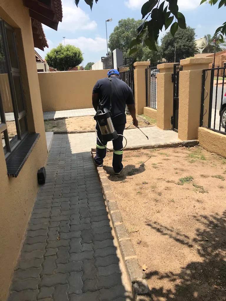 Technician treating a residential garden path