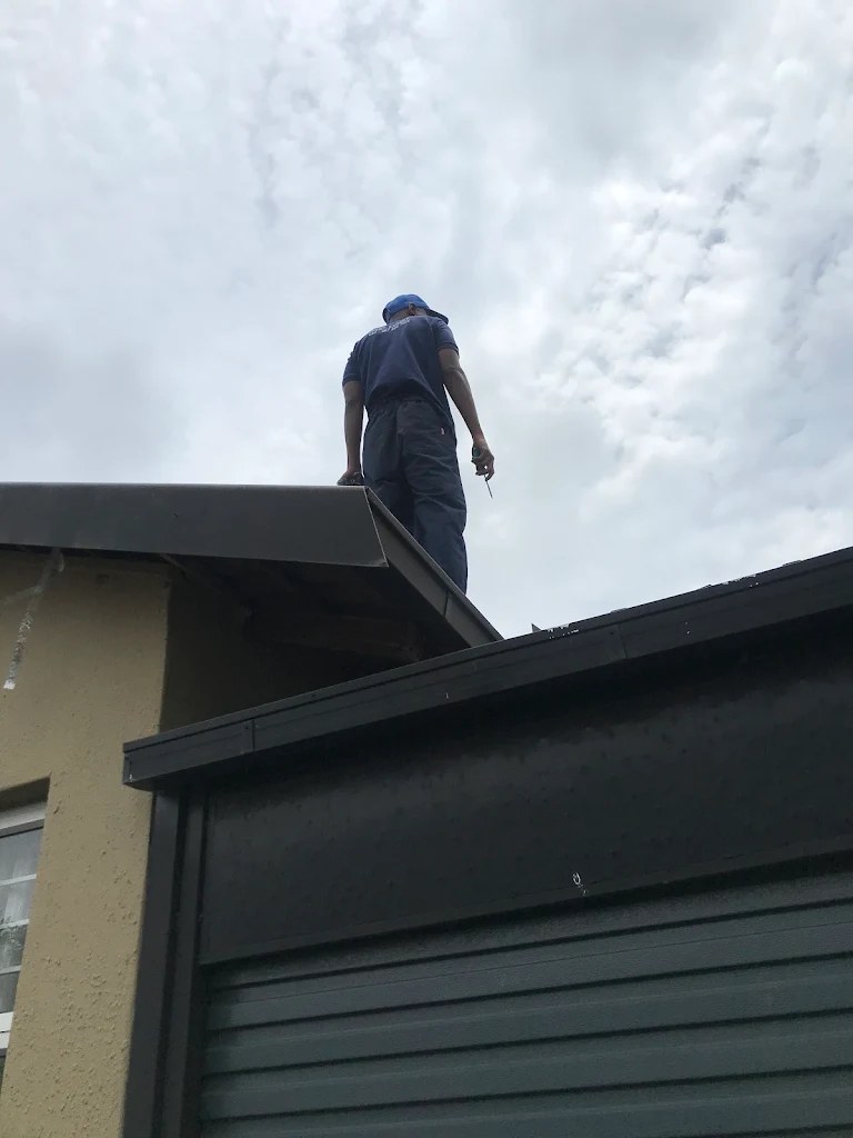 Technician inspecting a roofline
